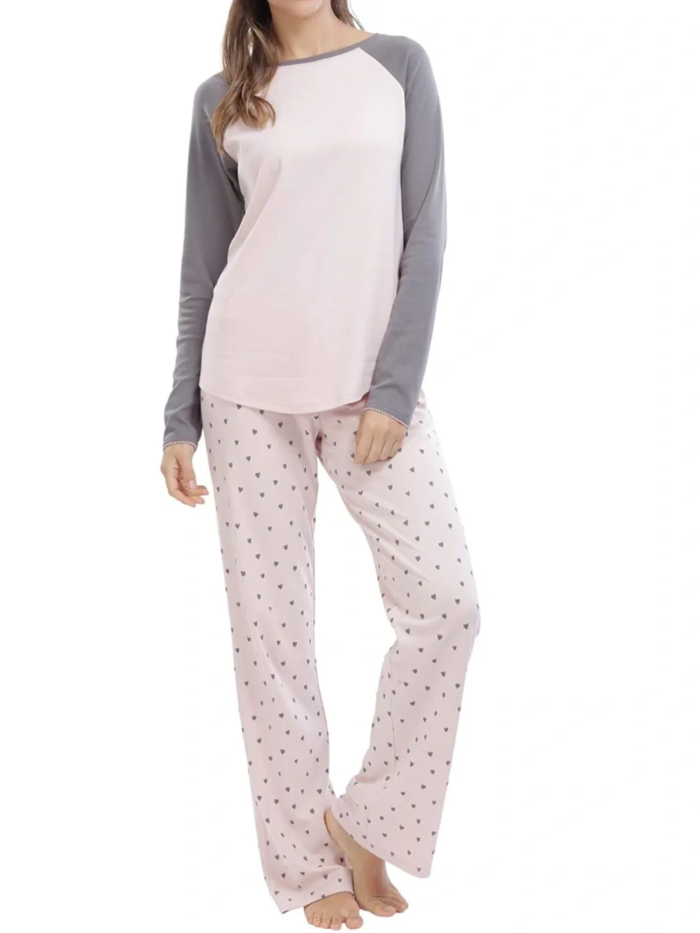 Jijamas Pajama Set Hearts Print Pima Cotton Size Medium Tall Pink Gray
